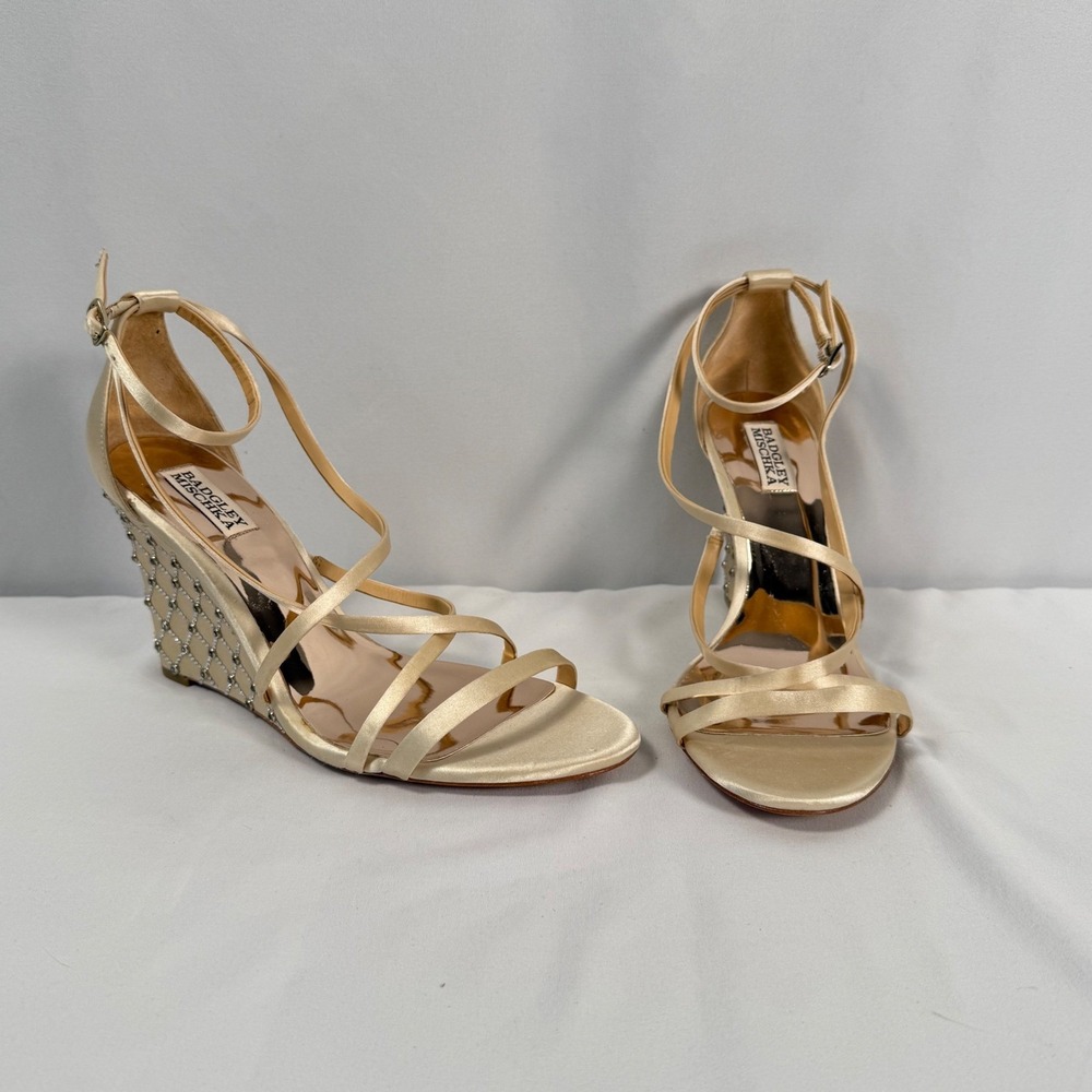Badgley Mischka Bridal Wedge Sandals Ivory Satin‎ Rinestones Strappy Womens 11